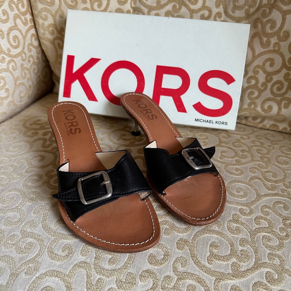 Michael Kors Black Leather Logo Buckle Slide